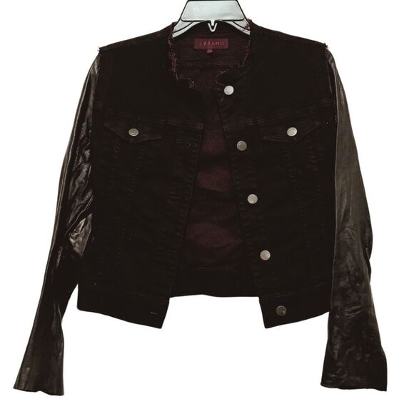 J Brand Blackened Leather Sleeve Denim Jacket in NOIR RED - Picture 6 of 7